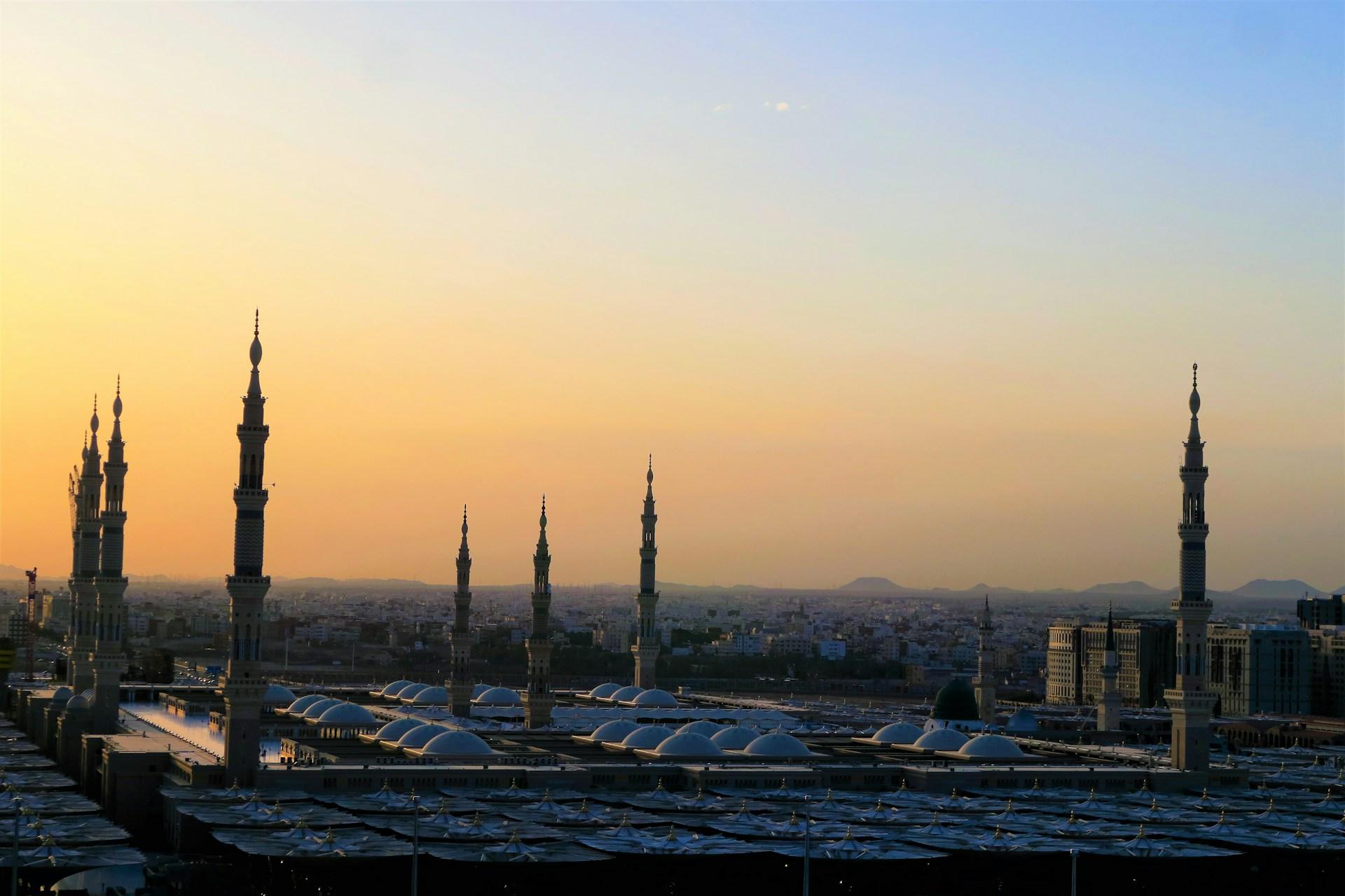 Vue panoramique d'Al-Masjid an-Nabawi, la mosquée du Prophète à Médine, Arabie Saoudite